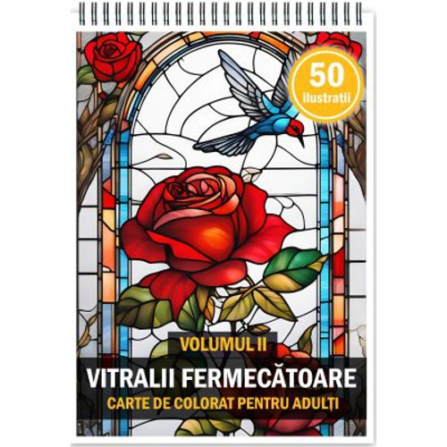 Carte de colorat pentru adulti, 50 de ilustratii, Vitralii Fermecatoare, Volumul 2