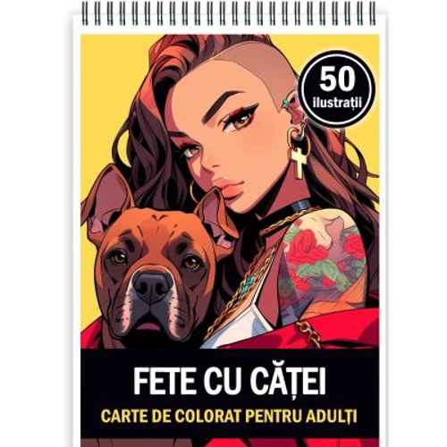 Carte de colorat pentru adulti, 50 de ilustratii, Anime Girls with Dogs