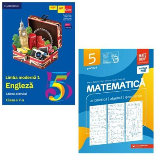 Pachet 2 carti pentru clasa a 5-a: Limba engleza L1. Caietul elevului si Matematica. Aritmetica algebra geometrie. Consolidare. Partea 1 - Clare Kenne